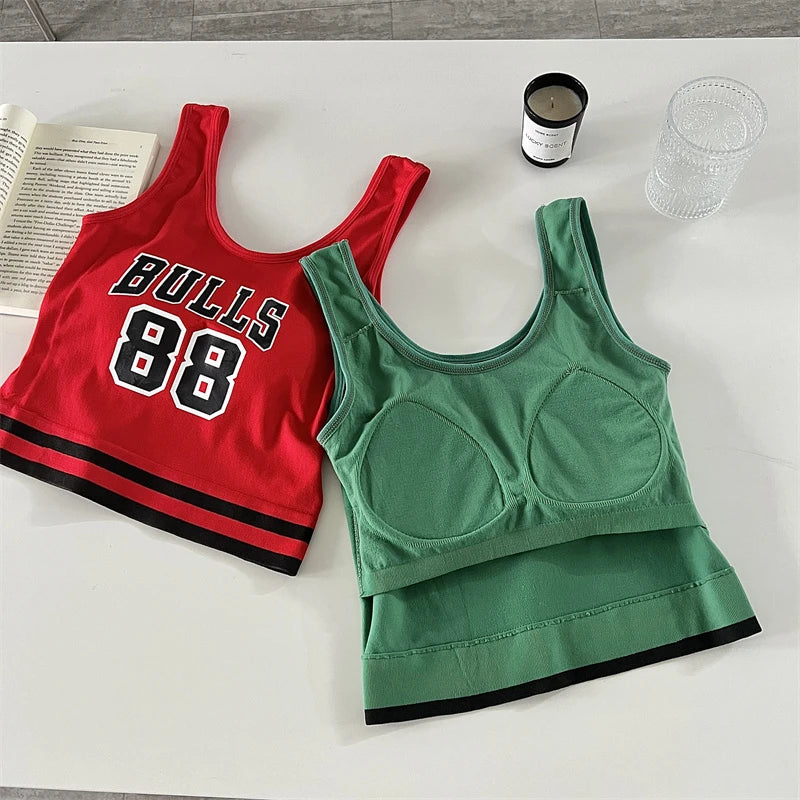 IMIEMIE HELIAR Women Summer Letter Print Tank Top With Pad Sleeveless Casual Camisole Solid Basic Tube Top Female Sexy Slim Crop Tops