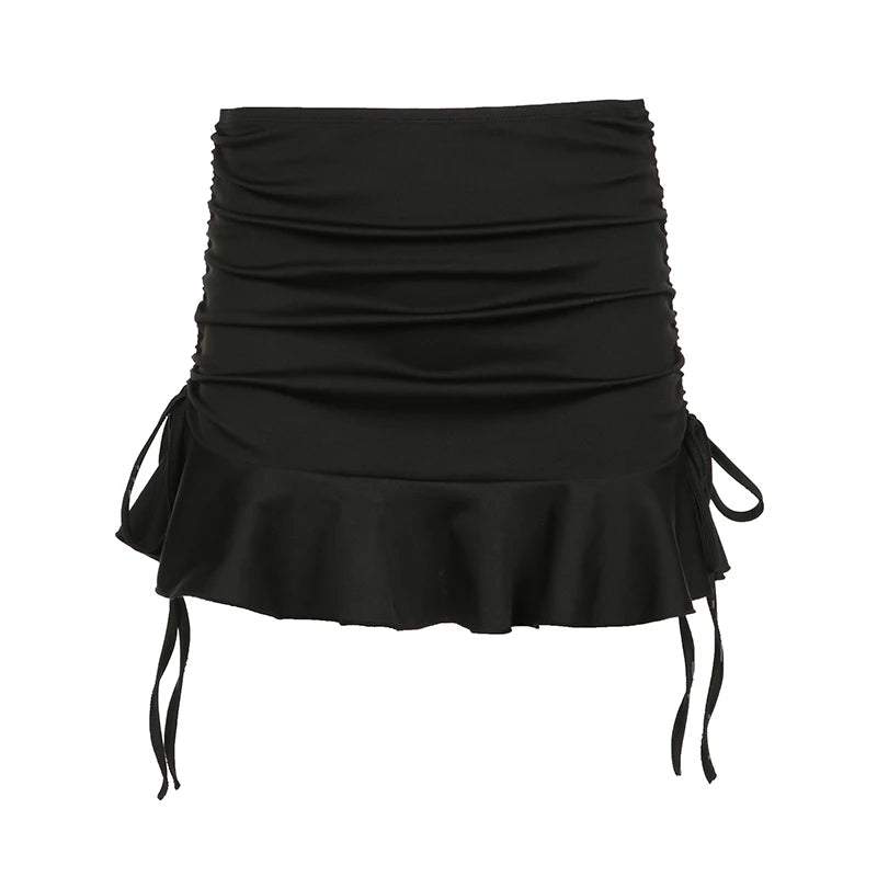 IMIEMIE HEYounGIRL Low Waisted Ruffles Mini Skirt Black Skinny Drawstring Sexy Y2K Short Skirts Fashion Summer Casual Outfits Ladies