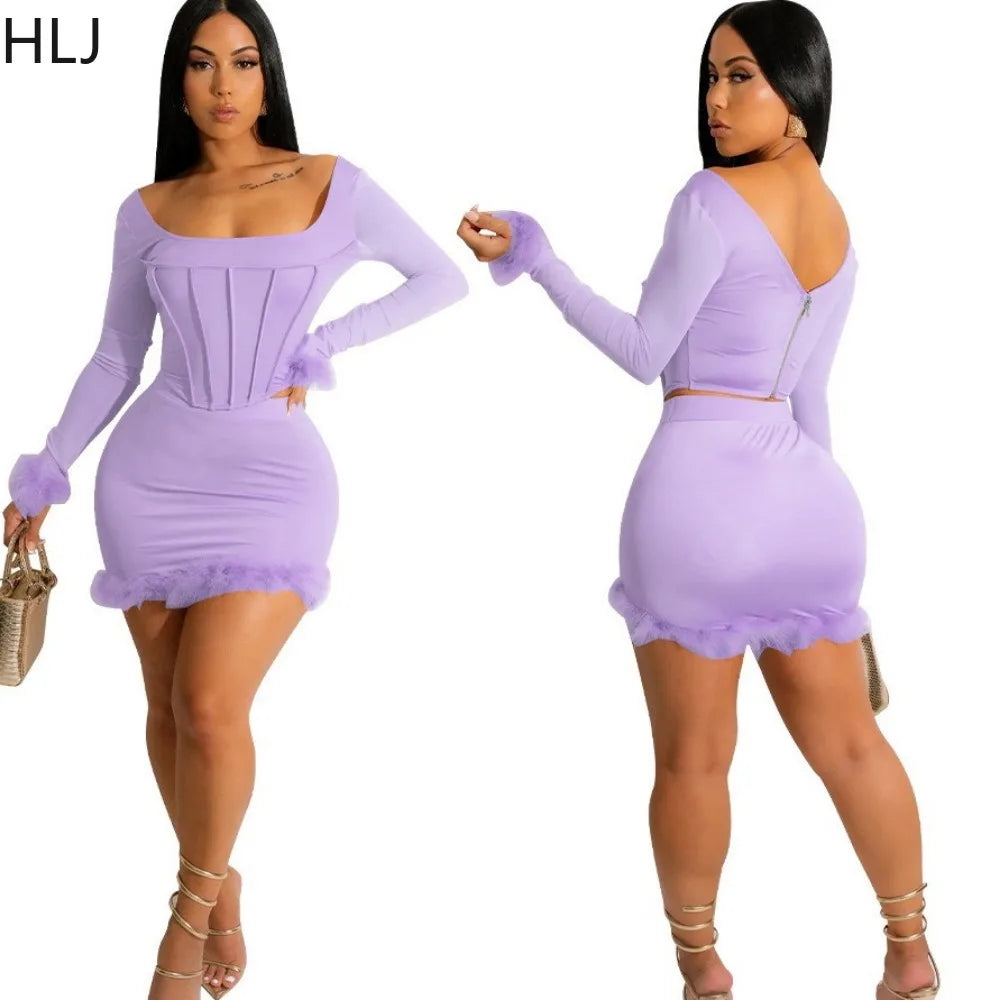 IMIEMIE HLJ Fashion Hot Girl Bodycon Feather Splicing Mini Skirts Two Piece Sets Women Long Sleeve Corset Top And Skirt Nightclub Outfit