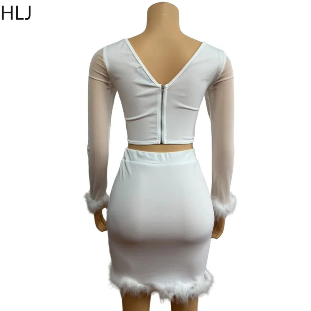 IMIEMIE HLJ Fashion Hot Girl Bodycon Feather Splicing Mini Skirts Two Piece Sets Women Long Sleeve Corset Top And Skirt Nightclub Outfit