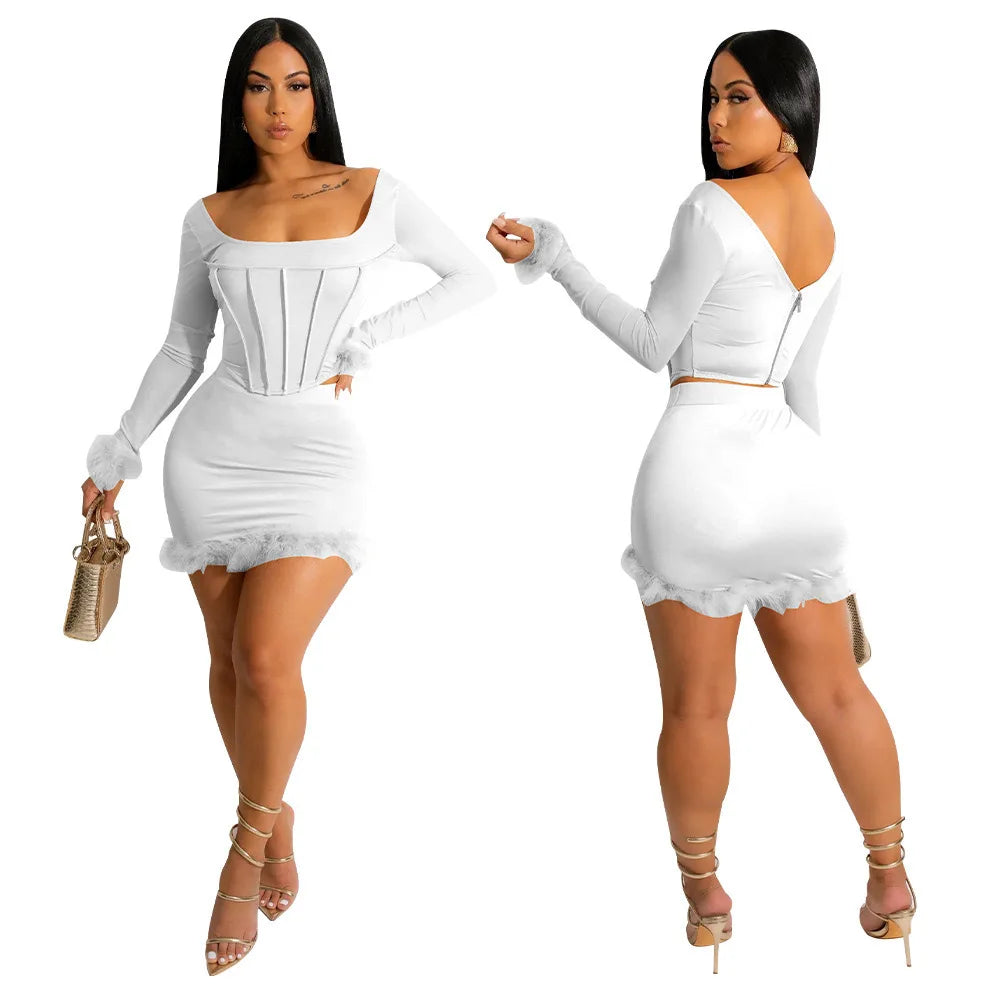 IMIEMIE HLJ Fashion Hot Girl Bodycon Feather Splicing Mini Skirts Two Piece Sets Women Long Sleeve Corset Top And Skirt Nightclub Outfit