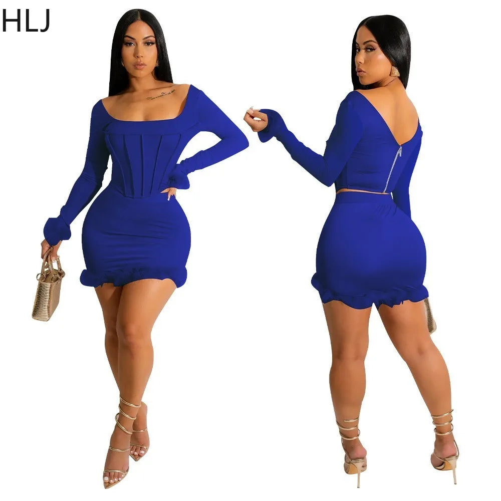 IMIEMIE HLJ Fashion Hot Girl Bodycon Feather Splicing Mini Skirts Two Piece Sets Women Long Sleeve Corset Top And Skirt Nightclub Outfit