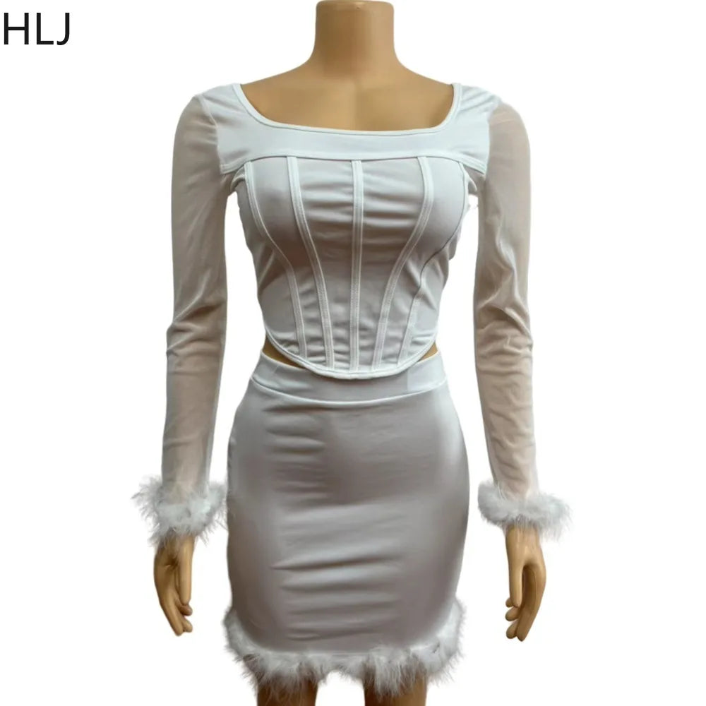 IMIEMIE HLJ Fashion Hot Girl Bodycon Feather Splicing Mini Skirts Two Piece Sets Women Long Sleeve Corset Top And Skirt Nightclub Outfit