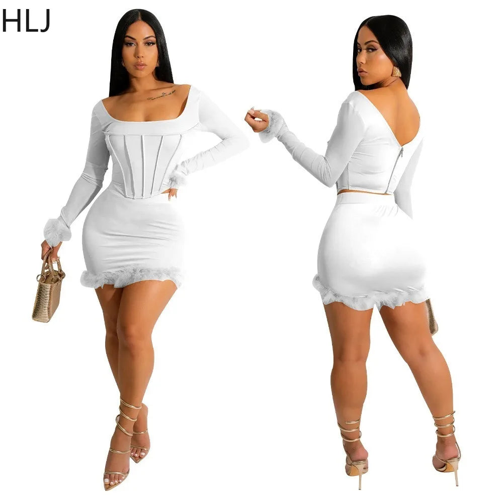 IMIEMIE HLJ Fashion Hot Girl Bodycon Feather Splicing Mini Skirts Two Piece Sets Women Long Sleeve Corset Top And Skirt Nightclub Outfit