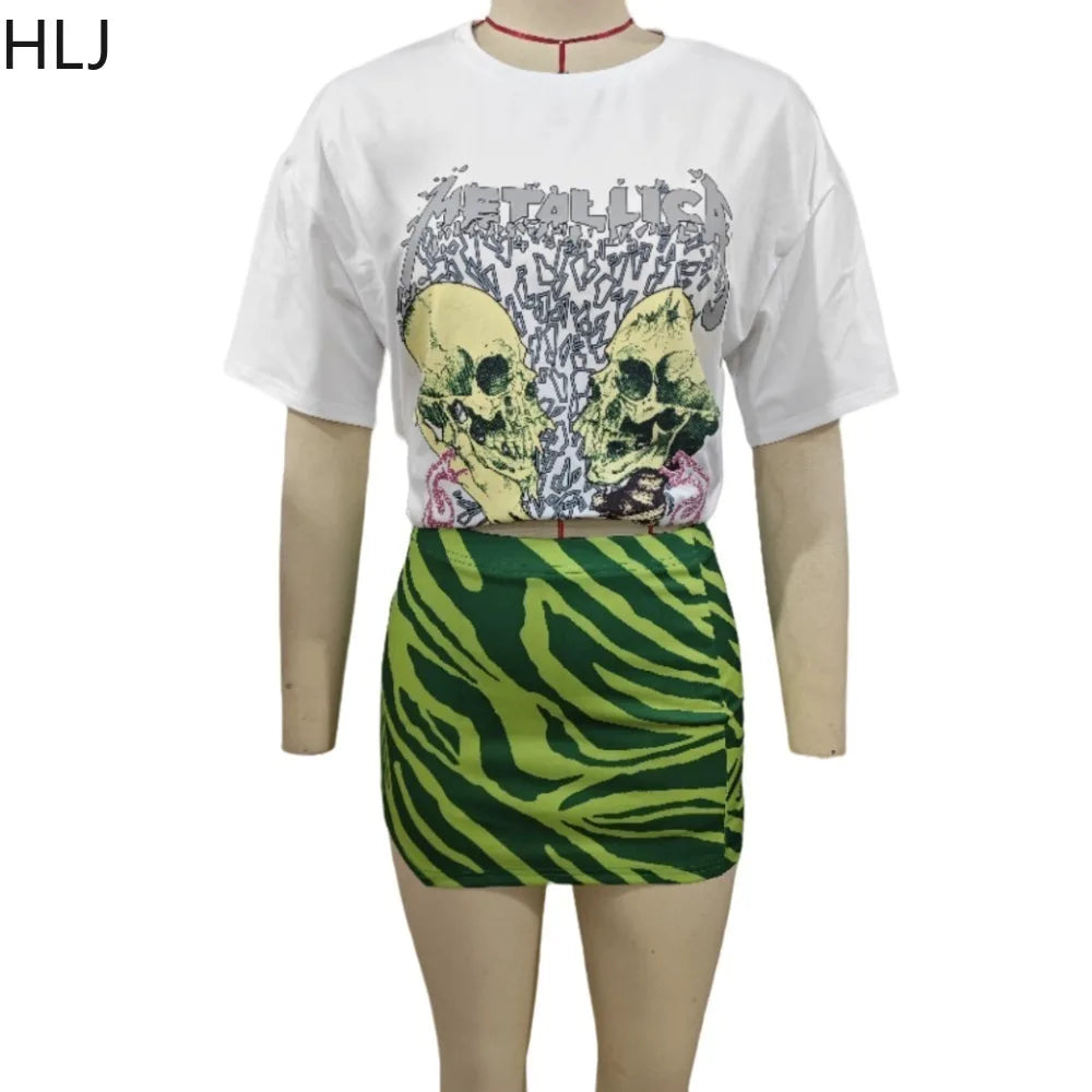 IMIEMIE HLJ Fashion Y2K Streetwear Women Pattern Print Round Neck Short Sleeve Tshirt And Mini Skirts Two Piece Sets Summer 2pcs Outfits