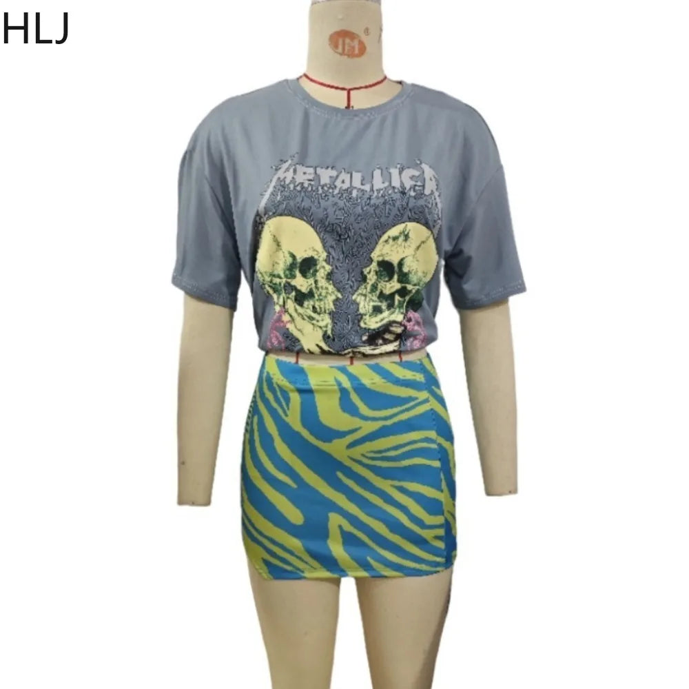 IMIEMIE HLJ Fashion Y2K Streetwear Women Pattern Print Round Neck Short Sleeve Tshirt And Mini Skirts Two Piece Sets Summer 2pcs Outfits