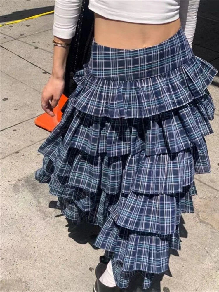 IMIEMIE HOUZHOU Japanese Style Plaid Skirt Women Streetwear Ruffles Patchwork Pleated Cake Midi Skirt Summer Fashion Harajuku Vintage