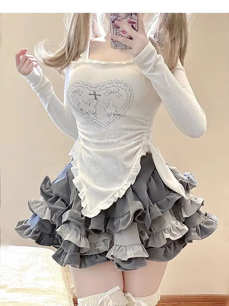 IMIEMIE HOUZHOU Kawaii Harajuku Skirt Sets Women 2000s Aesthetic Clubwear Two Piece Japanese Y2k Ruffles Long Sleeve Tees Off Shoulder