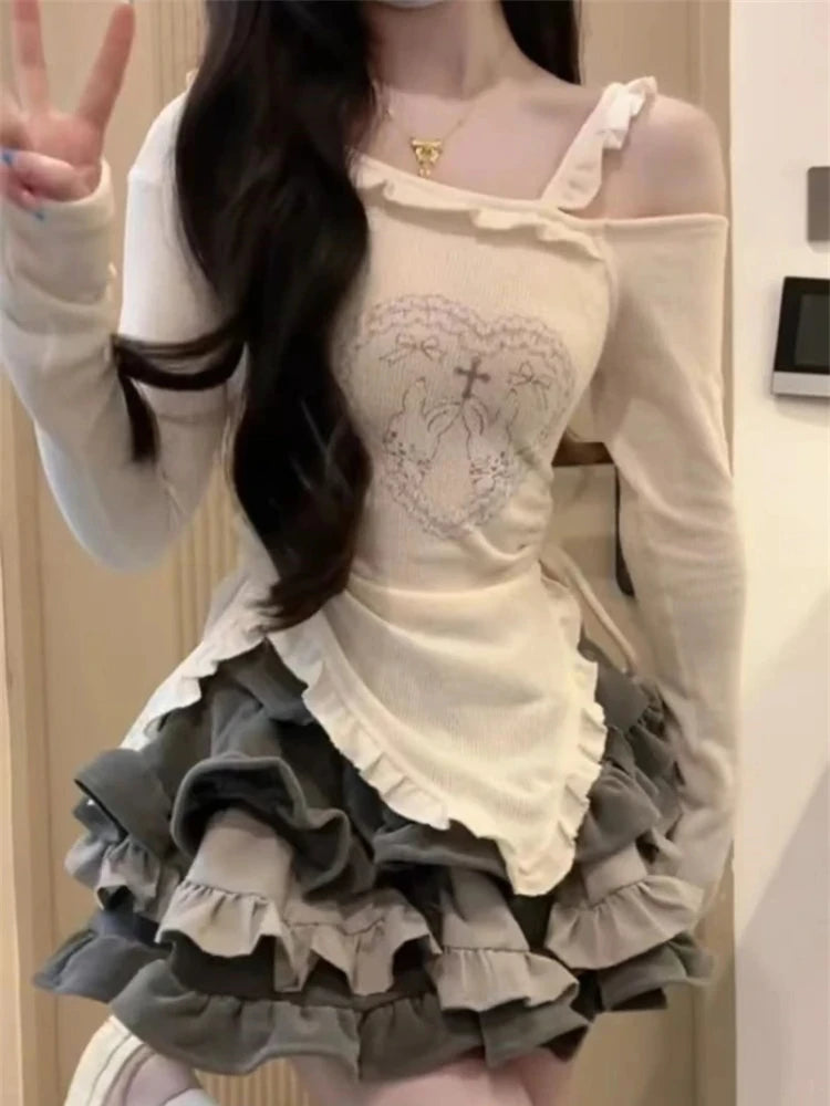 IMIEMIE HOUZHOU Kawaii Harajuku Skirt Sets Women 2000s Aesthetic Clubwear Two Piece Japanese Y2k Ruffles Long Sleeve Tees Off Shoulder