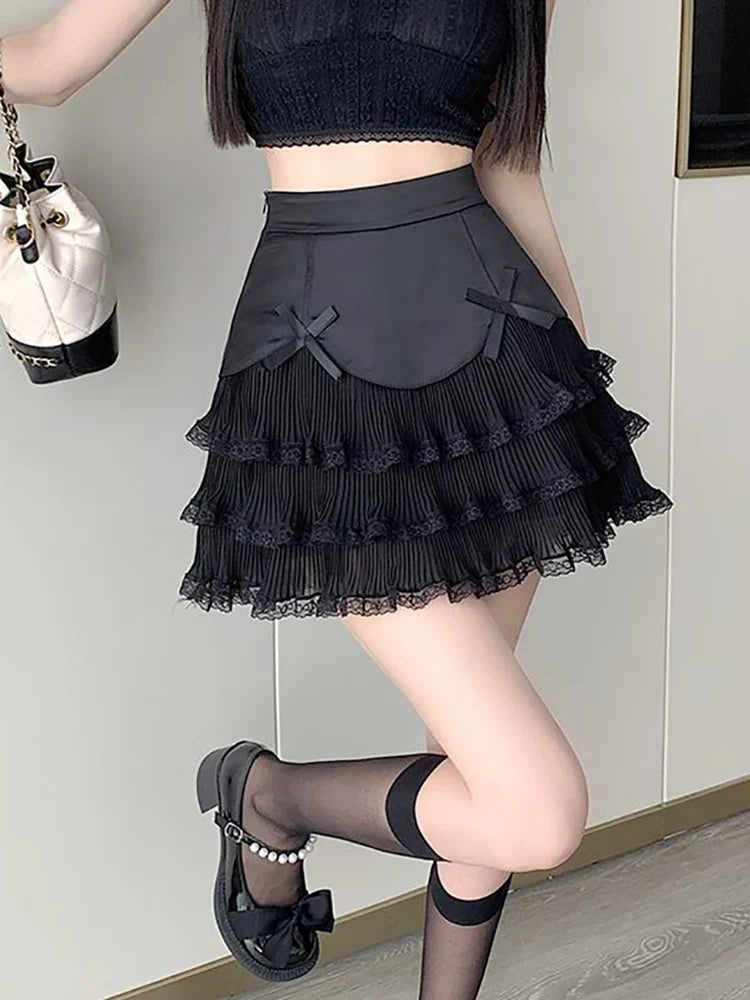 IMIEMIE HOUZHOU Kawaii Lace Mini Skirt Women Summer High Waist Cute Bow Ruffle Patchwork Pleated A-line Layer Skirt Lolita White Black