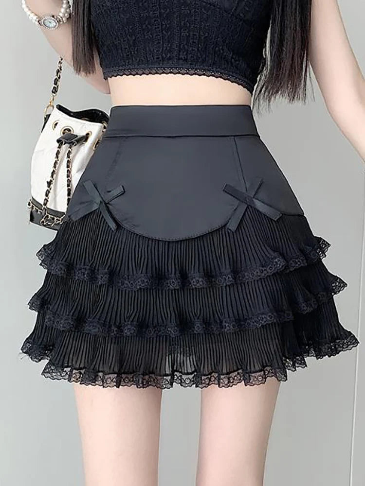 IMIEMIE HOUZHOU Kawaii Lace Mini Skirt Women Summer High Waist Cute Bow Ruffle Patchwork Pleated A-line Layer Skirt Lolita White Black