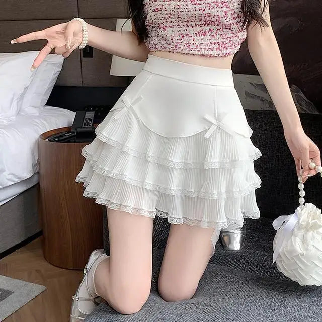 IMIEMIE HOUZHOU Kawaii Lace Mini Skirt Women Summer High Waist Cute Bow Ruffle Patchwork Pleated A-line Layer Skirt Lolita White Black