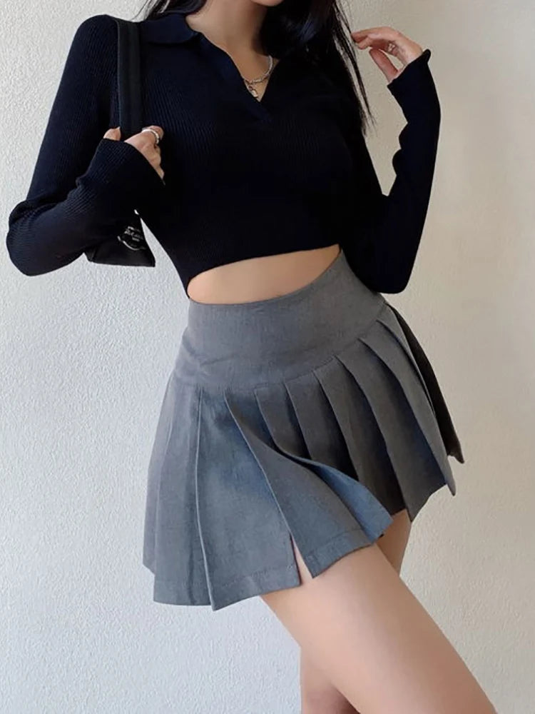 IMIEMIE HOUZHOU Sexy Split Pleated Miniskirt Women Preppy High Waist A-line Slim Micro Outdoor Sex Skirt Pants Summer Outfits Club Wear