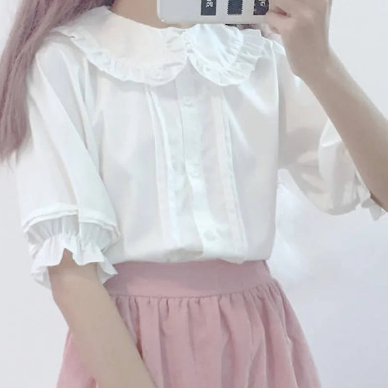 IMIEMIE HOUZHOU White Shirt Kawaii Peter Pan Collar Preppy Style Blouses Woman Sweet Ruffle Short Sleeve Tops Summer 2024 Fashion