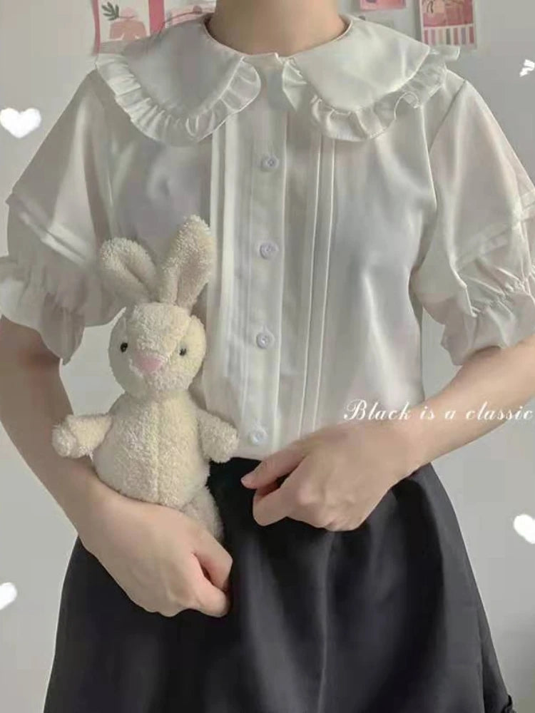 IMIEMIE HOUZHOU White Shirt Kawaii Peter Pan Collar Preppy Style Blouses Woman Sweet Ruffle Short Sleeve Tops Summer 2024 Fashion