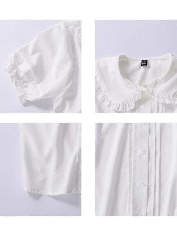 IMIEMIE HOUZHOU White Shirt Kawaii Peter Pan Collar Preppy Style Blouses Woman Sweet Ruffle Short Sleeve Tops Summer 2024 Fashion