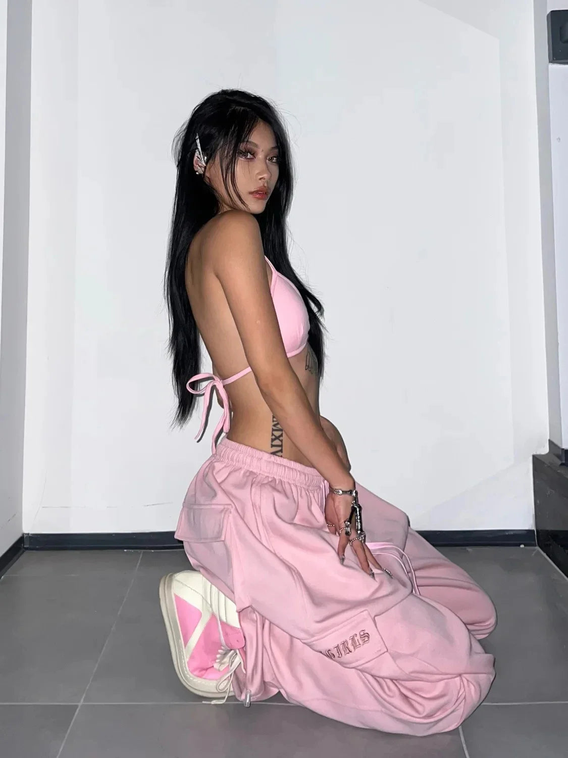 IMIEMIE HOUZHOU Y2K Pink Cargo Pants Women Kpop Style Streetwear Wide Leg Sweatpants Oversized Korean Fashion Hip Hop Jogger Trousers