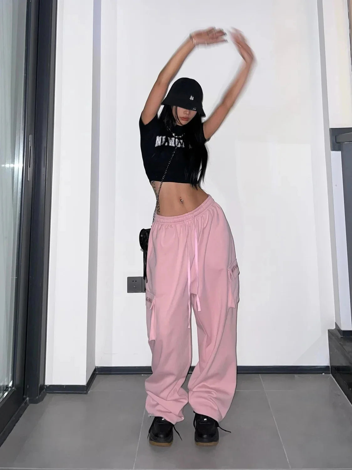 IMIEMIE HOUZHOU Y2K Pink Cargo Pants Women Kpop Style Streetwear Wide Leg Sweatpants Oversized Korean Fashion Hip Hop Jogger Trousers