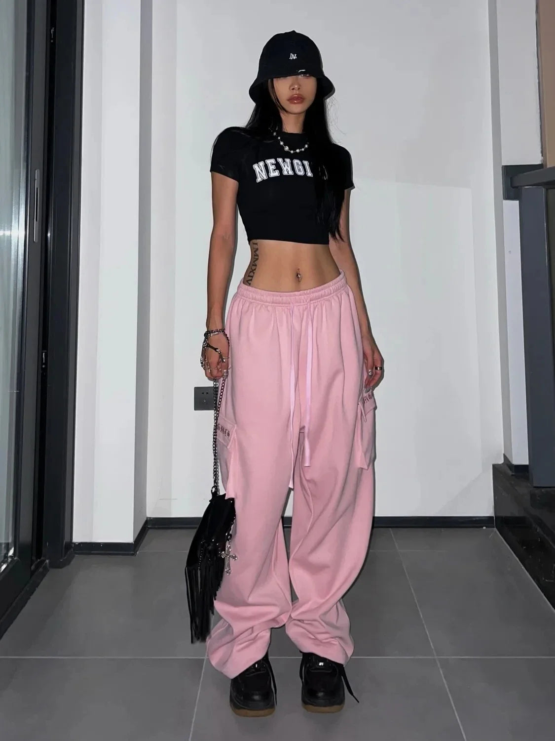 IMIEMIE HOUZHOU Y2K Pink Cargo Pants Women Kpop Style Streetwear Wide Leg Sweatpants Oversized Korean Fashion Hip Hop Jogger Trousers