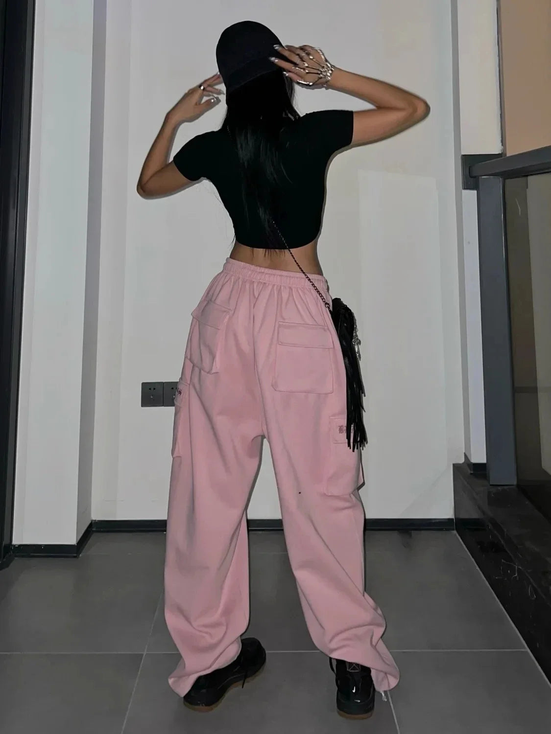 IMIEMIE HOUZHOU Y2K Pink Cargo Pants Women Kpop Style Streetwear Wide Leg Sweatpants Oversized Korean Fashion Hip Hop Jogger Trousers