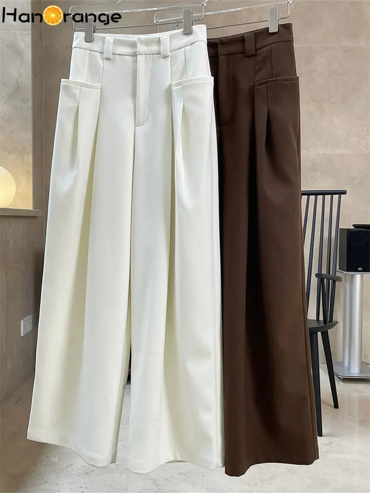 IMIEMIE HanOrange 2024 Autumn Winter Fashion Double Pleated Wide Leg Pants Women Loose Profile High Waist Casual Trousers Thick Female