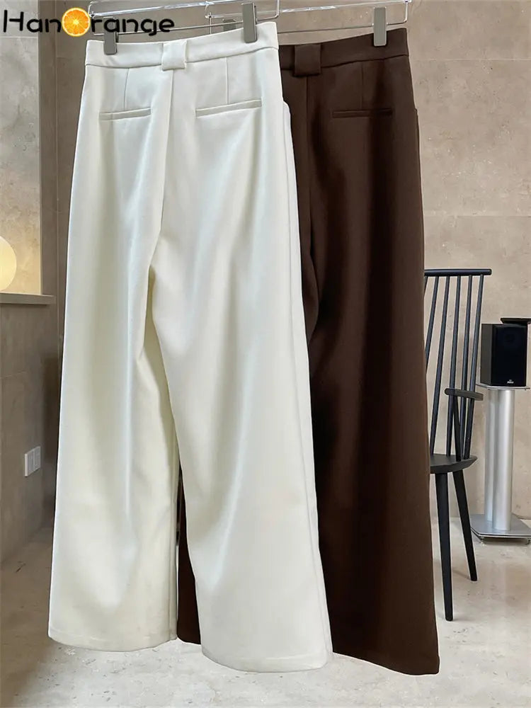 IMIEMIE HanOrange 2024 Autumn Winter Fashion Double Pleated Wide Leg Pants Women Loose Profile High Waist Casual Trousers Thick Female