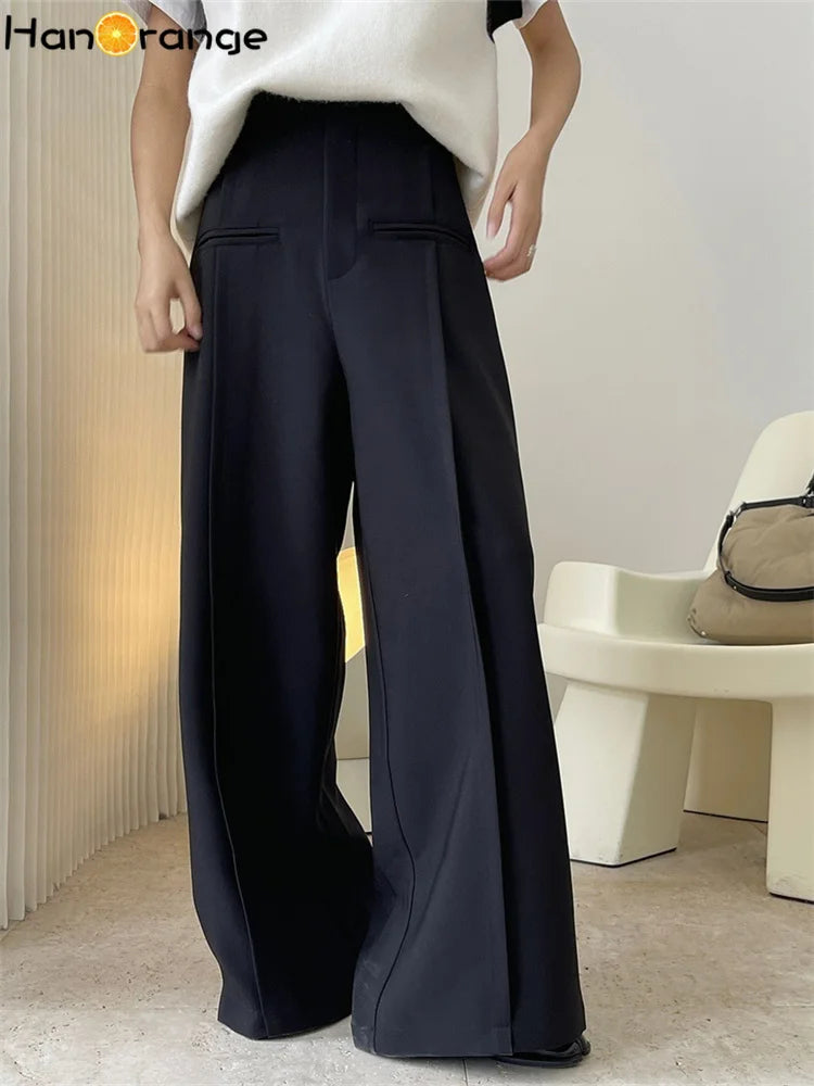 IMIEMIE HanOrange 2024 Autumn Winter Fashion High Waisted Wide Leg Pants Women Loose A-line Trousers Black/Olive Green