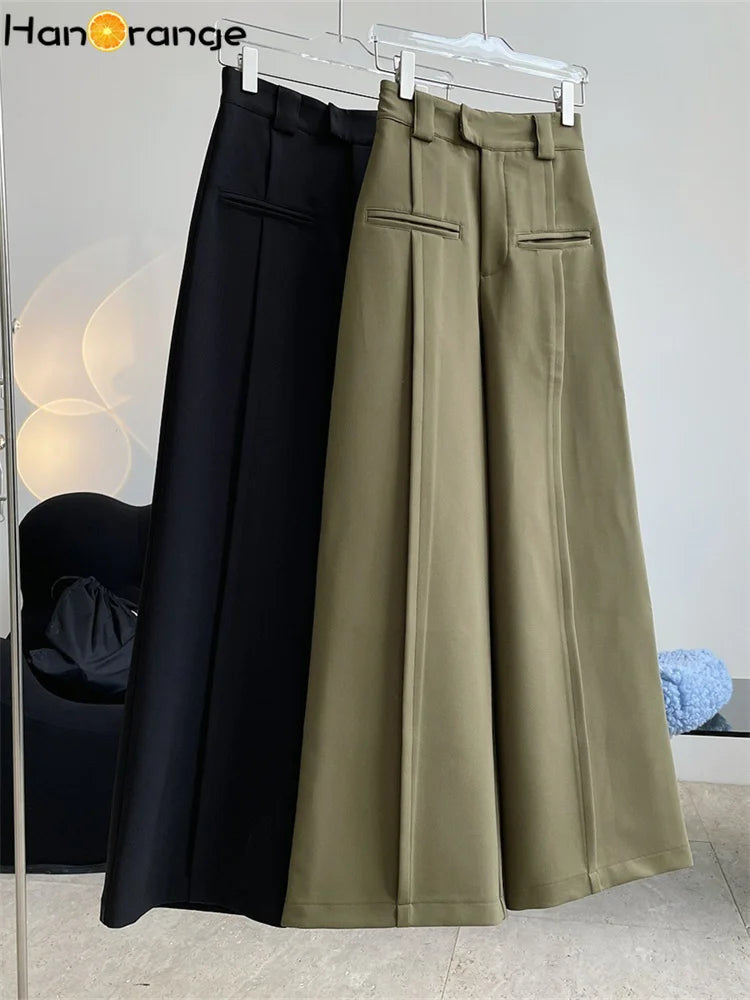 IMIEMIE HanOrange 2024 Autumn Winter Fashion High Waisted Wide Leg Pants Women Loose A-line Trousers Black/Olive Green