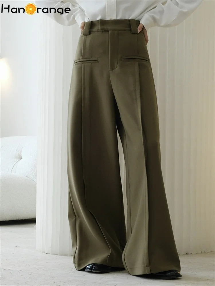 IMIEMIE HanOrange 2024 Autumn Winter Fashion High Waisted Wide Leg Pants Women Loose A-line Trousers Black/Olive Green