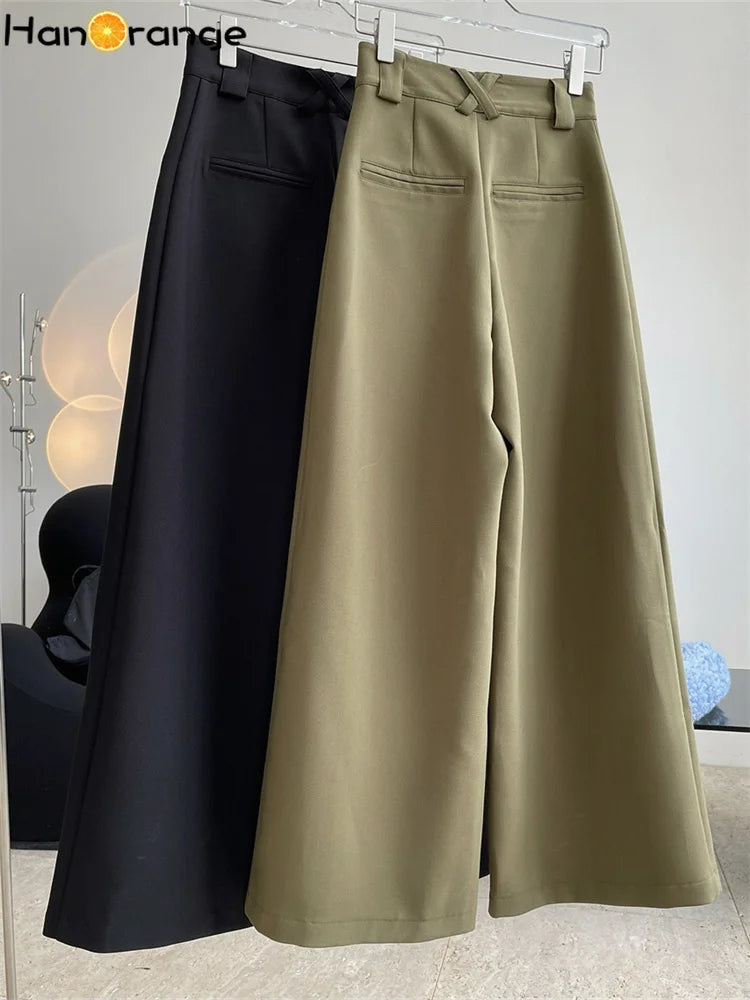 IMIEMIE HanOrange 2024 Autumn Winter Fashion High Waisted Wide Leg Pants Women Loose A-line Trousers Black/Olive Green