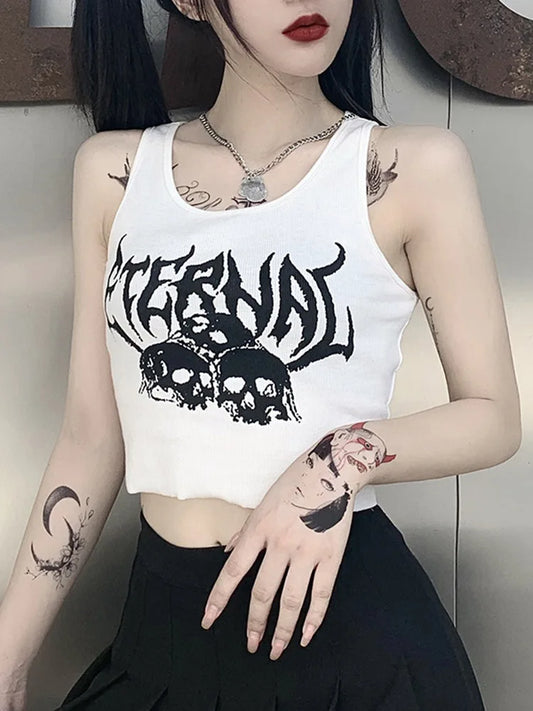 IMIEMIE Harajuku Punk Goth Sexy Crop Tops Women's Summer Mujer 90s Grunge Graphic Skull Print Tops Fashion Sleeveless Slim Vest Tank Top