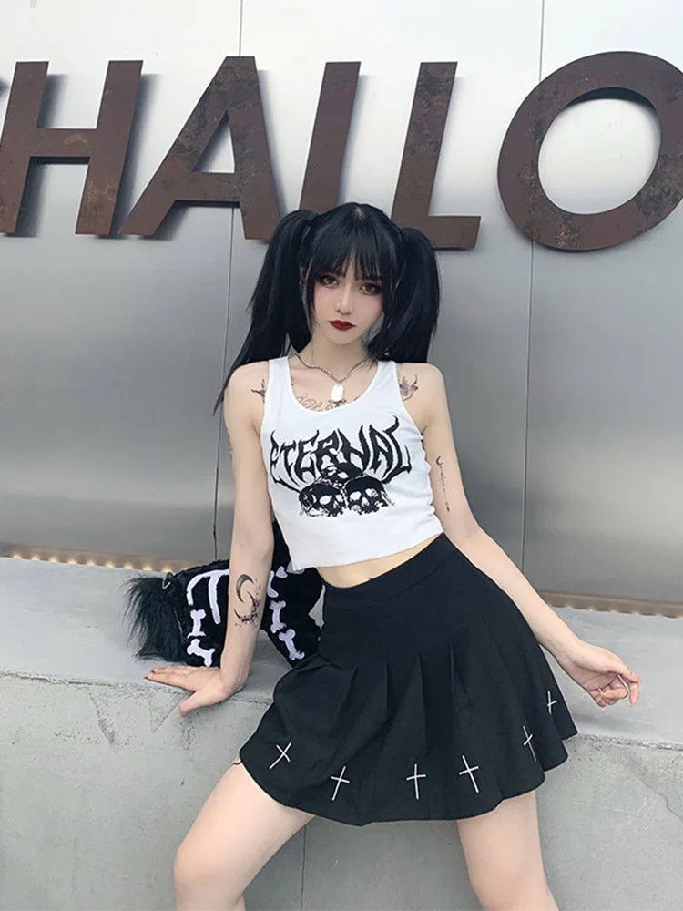 IMIEMIE Harajuku Punk Goth Sexy Crop Tops Women's Summer Mujer 90s Grunge Graphic Skull Print Tops Fashion Sleeveless Slim Vest Tank Top