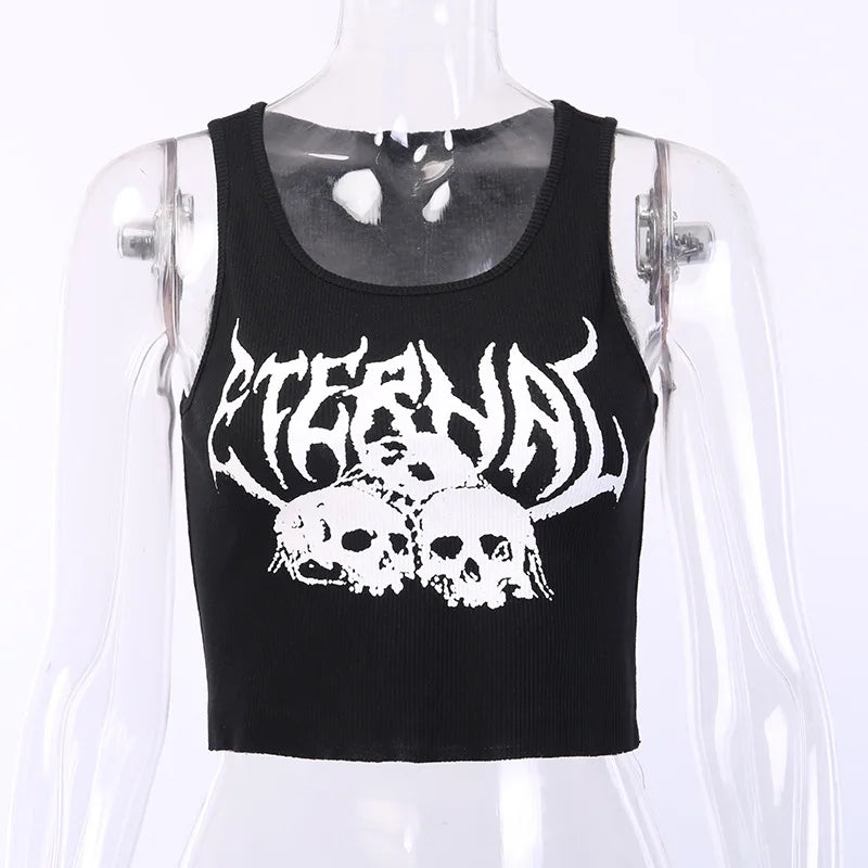 IMIEMIE Harajuku Punk Goth Sexy Crop Tops Women's Summer Mujer 90s Grunge Graphic Skull Print Tops Fashion Sleeveless Slim Vest Tank Top