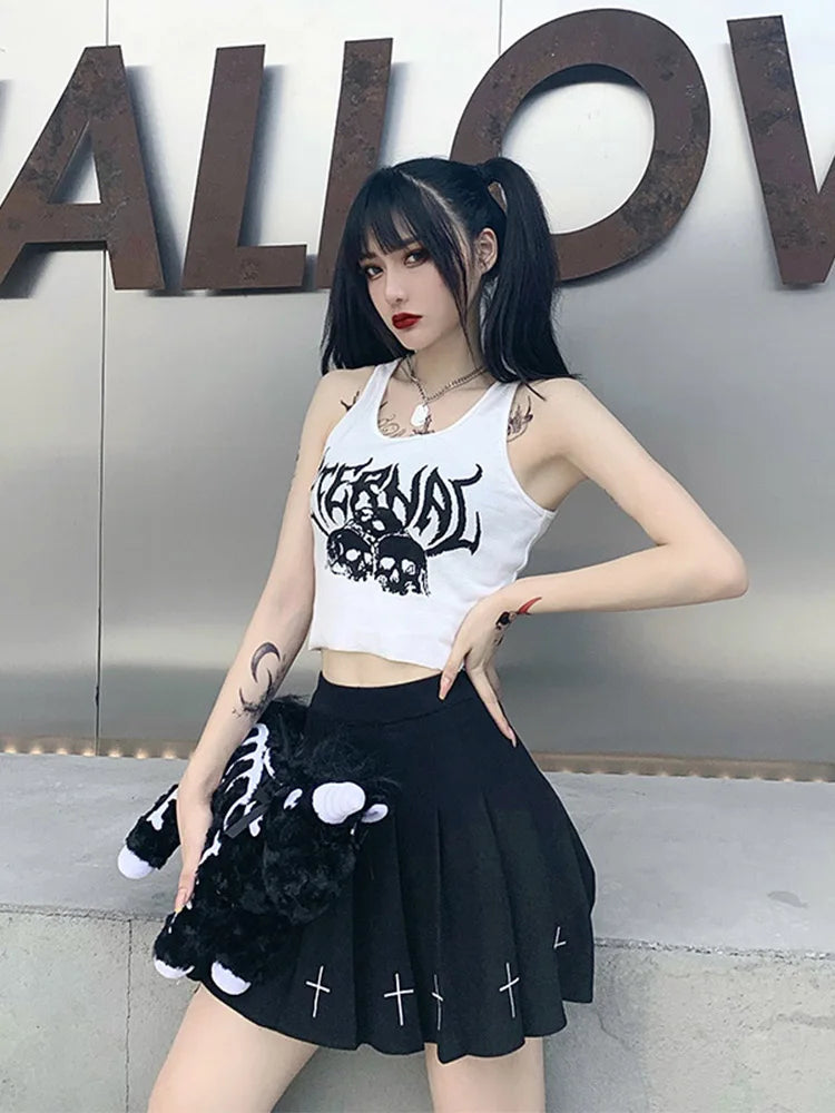 IMIEMIE Harajuku Punk Goth Sexy Crop Tops Women's Summer Mujer 90s Grunge Graphic Skull Print Tops Fashion Sleeveless Slim Vest Tank Top