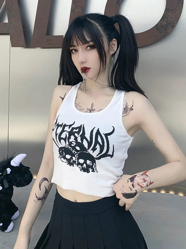 IMIEMIE Harajuku Punk Goth Sexy Crop Tops Women's Summer Mujer 90s Grunge Graphic Skull Print Tops Fashion Sleeveless Slim Vest Tank Top