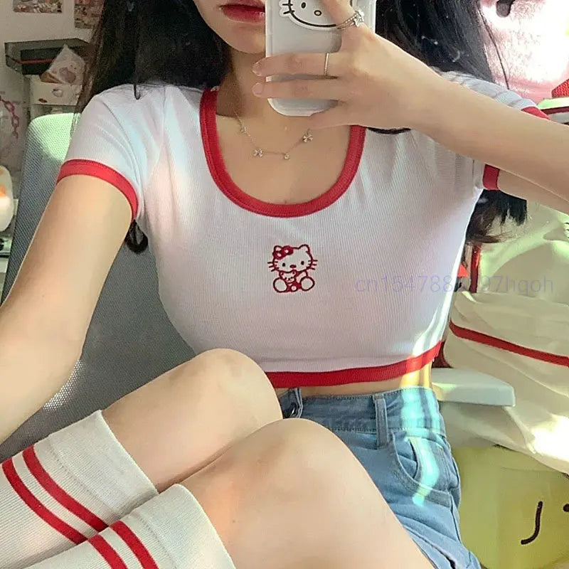 IMIEMIE Hello Kitty Short T-shirt Summer Slim Cute Sexy Hot Girly European American Style Top Fashionable Outerwear Cute Girls Cartoon