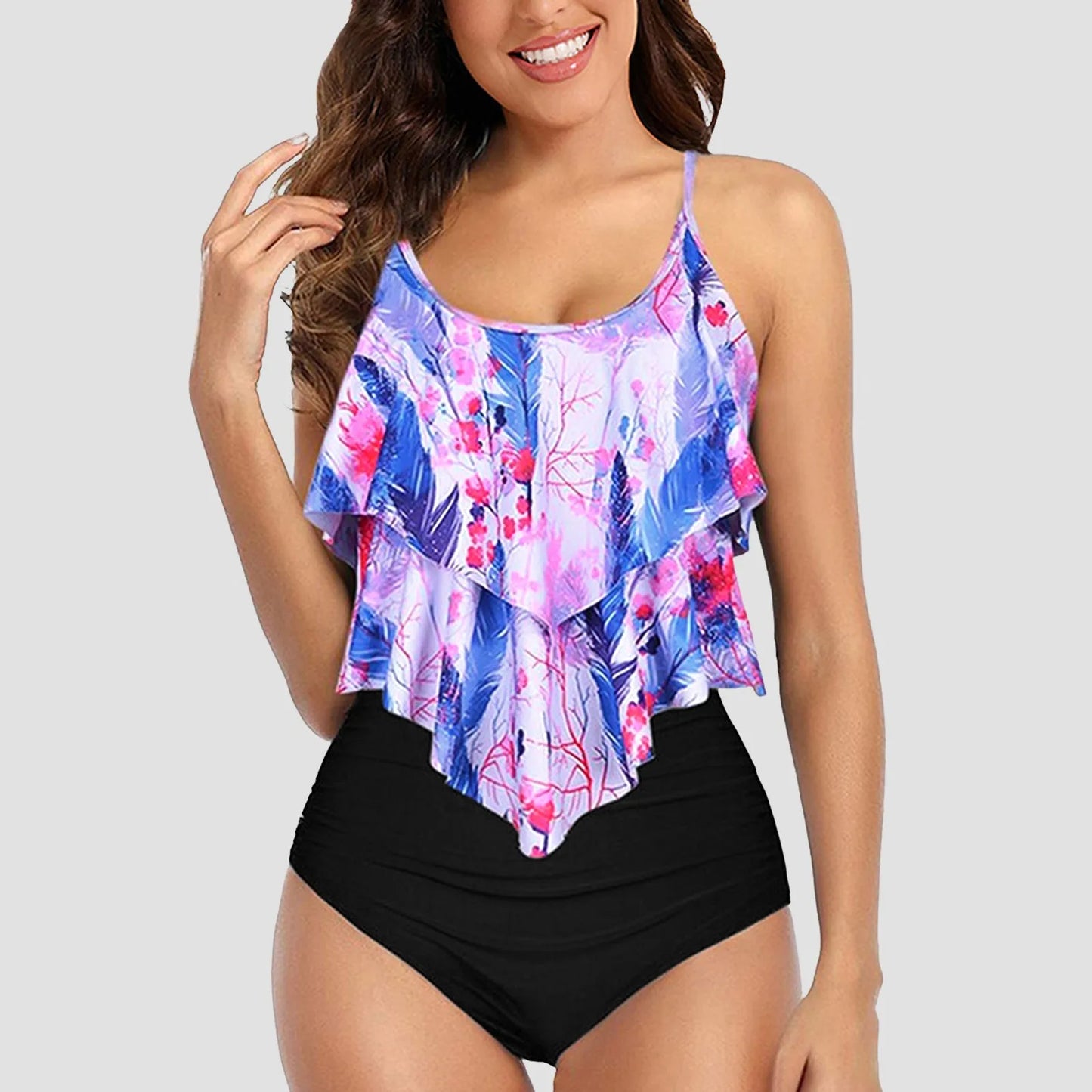 IMIEMIE High Waist Bikini Bathing Suit Galaxy Tops Bra Split Swimsuit Ruffle Vest Tummy Summer Beach Floral Swimwears Tankinis Set