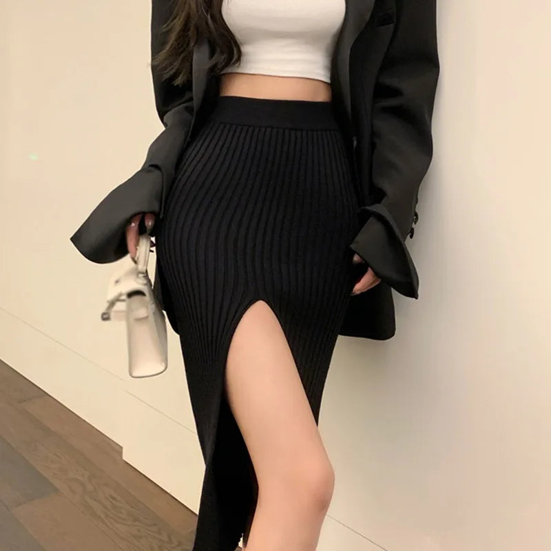 IMIEMIE High Waist Knitted Half Skirt For Women  Spring Autumn Elastic Force Temperament Thin Sexy Split Slim Skirts