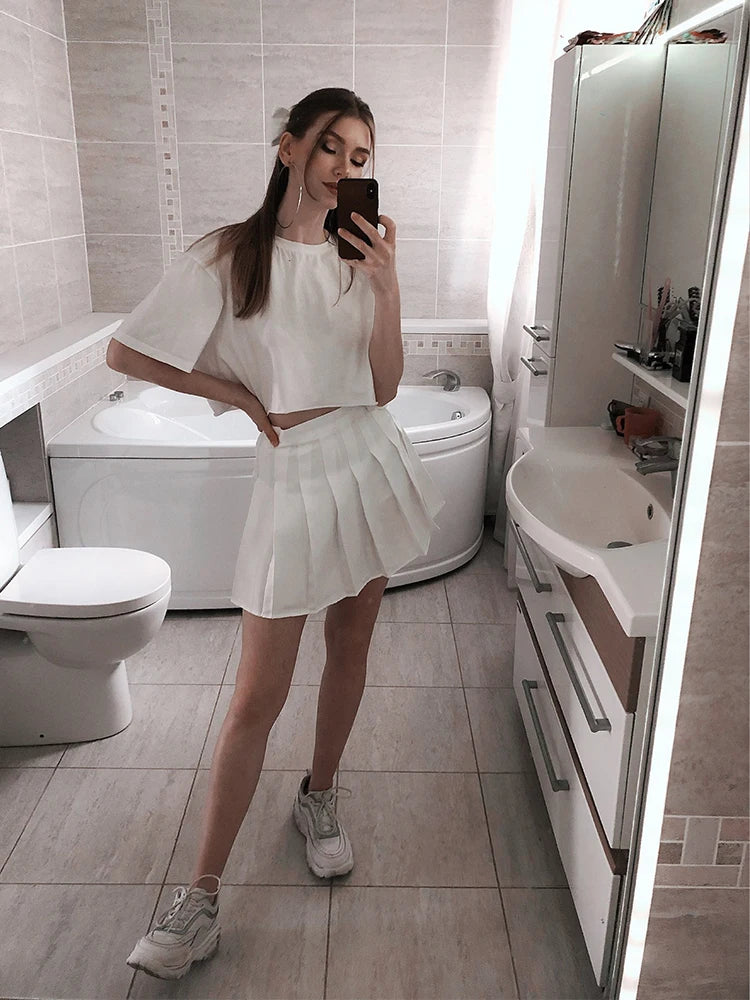 IMIEMIE High Waist Solid Pleated Mini Skirt for Women Summer Spring Korean Preppy Style Fashion Cute A-line Skirts Y2K Skort Clothes