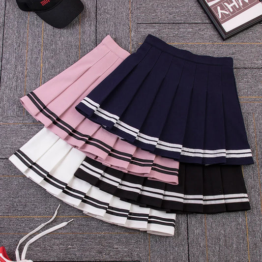 IMIEMIE High Waist Women's Skirts Striped Pleated Elastic Waist Female Sweet Mini Dance Plaid Skirt Y2k Korean England Style