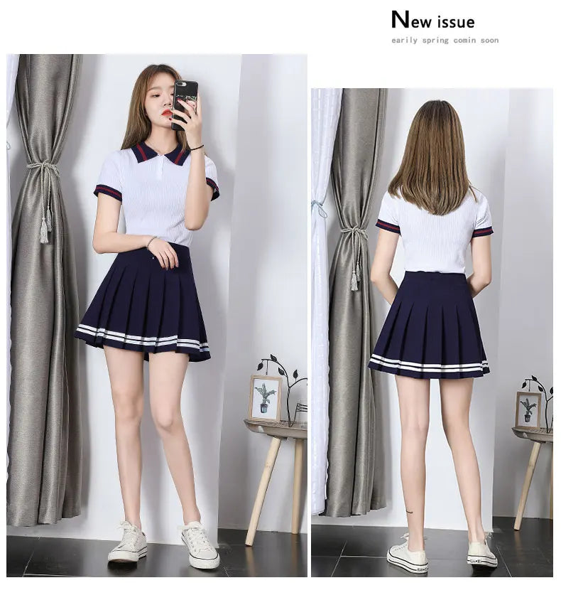 IMIEMIE High Waist Women's Skirts Striped Pleated Elastic Waist Female Sweet Mini Dance Plaid Skirt Y2k Korean England Style