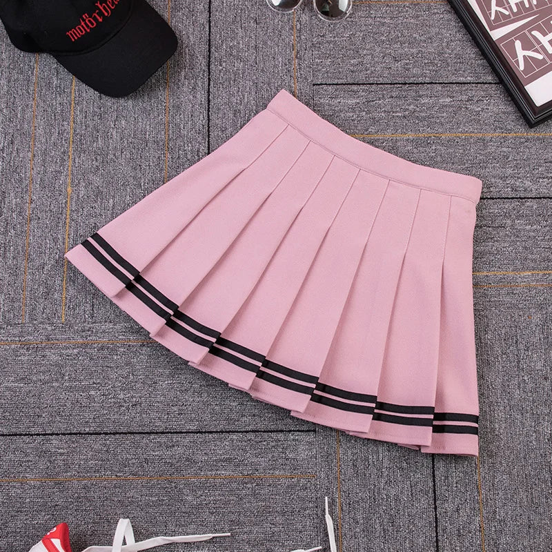 IMIEMIE High Waist Women's Skirts Striped Pleated Elastic Waist Female Sweet Mini Dance Plaid Skirt Y2k Korean England Style