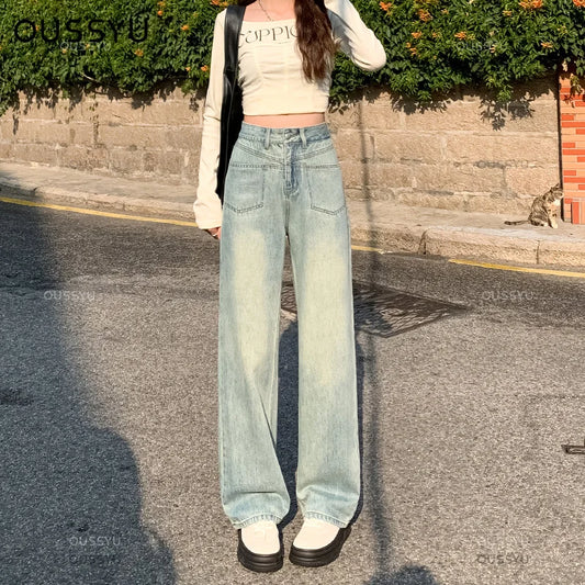 IMIEMIE High Waisted Straight Women's Jeans Y2K Cotton Casual Fashion Street Retro Women Denim Clothing Loose Wide Leg Pants Trousers