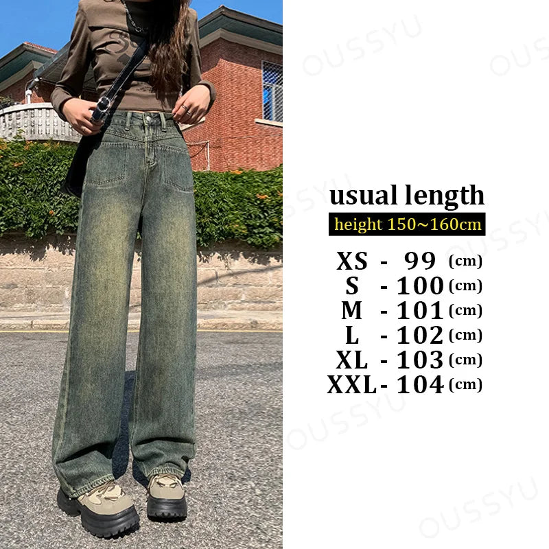 IMIEMIE High Waisted Straight Women's Jeans Y2K Cotton Casual Fashion Street Retro Women Denim Clothing Loose Wide Leg Pants Trousers