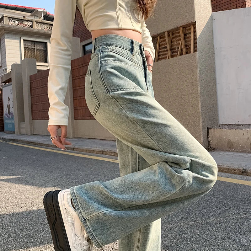 IMIEMIE High Waisted Straight Women's Jeans Y2K Cotton Casual Fashion Street Retro Women Denim Clothing Loose Wide Leg Pants Trousers