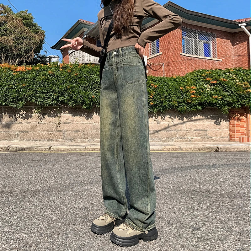 IMIEMIE High Waisted Straight Women's Jeans Y2K Cotton Casual Fashion Street Retro Women Denim Clothing Loose Wide Leg Pants Trousers