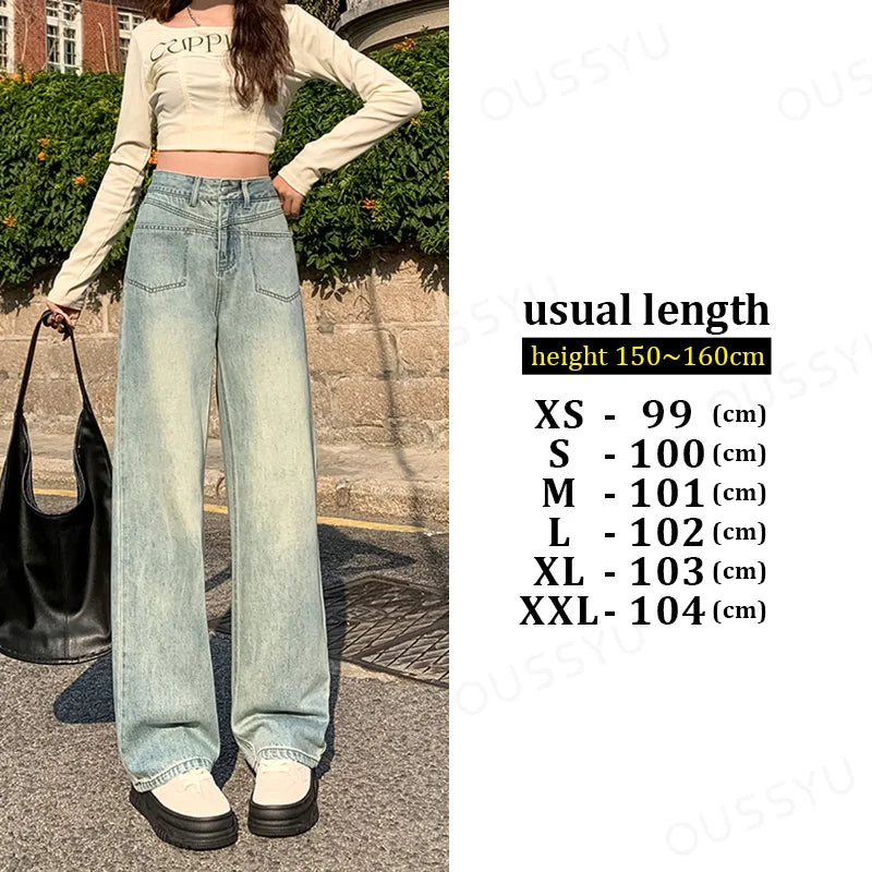 IMIEMIE High Waisted Straight Women's Jeans Y2K Cotton Casual Fashion Street Retro Women Denim Clothing Loose Wide Leg Pants Trousers