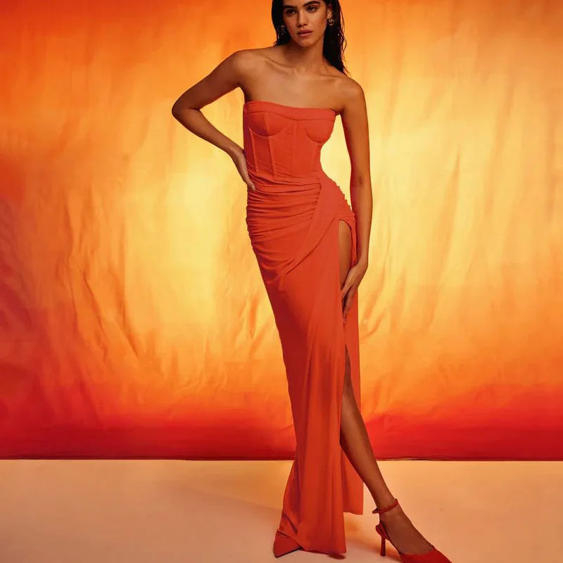 IMIEMIE High end fashionable solid color backless strapless sexy slit evening dress long skirt