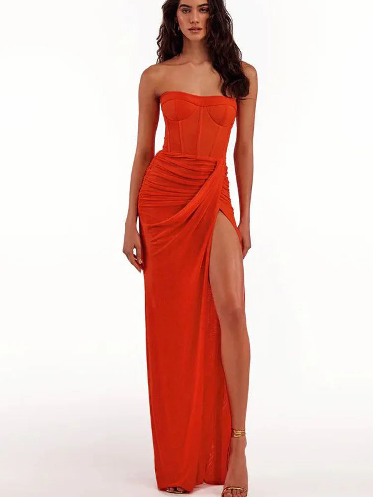 IMIEMIE High end fashionable solid color backless strapless sexy slit evening dress long skirt