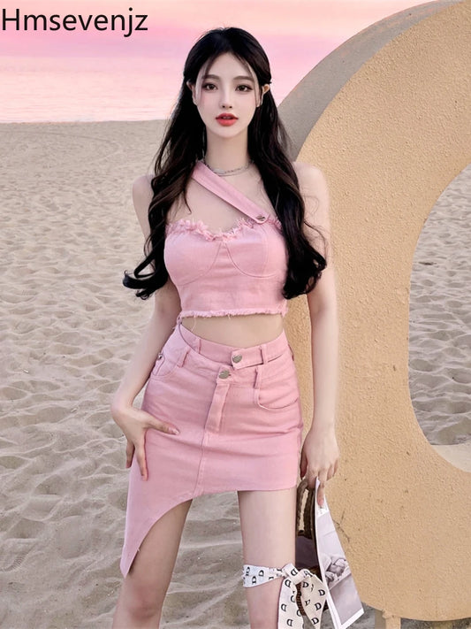 IMIEMIE Hmsevenjz Sweet Hot Gilr Two-Piece Set Suit Women 2024 Summer New Fashion Pink Denim Tube Top Slender Skirt Asymmetrical Suits